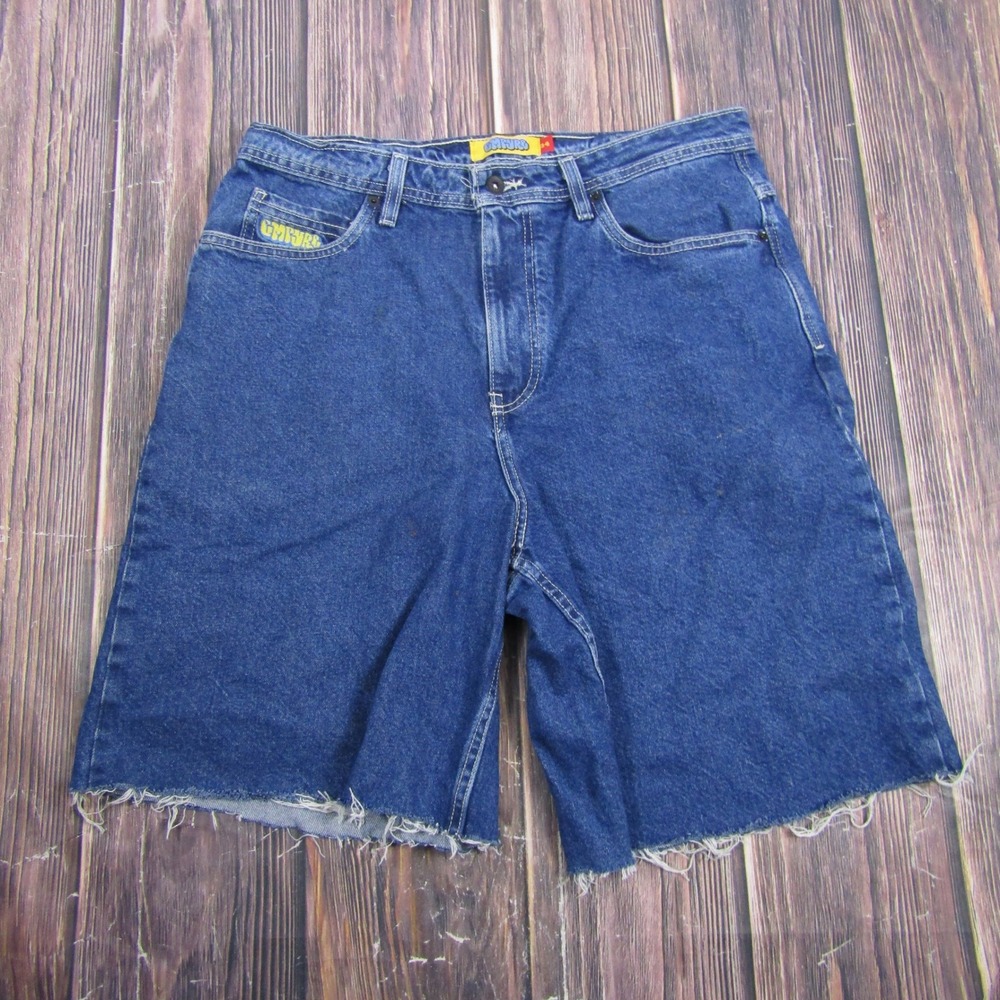 Empyre Denim Shorts Mens 34 Blue Cut Off Frayed Hem Embroidered Cat Streetwear